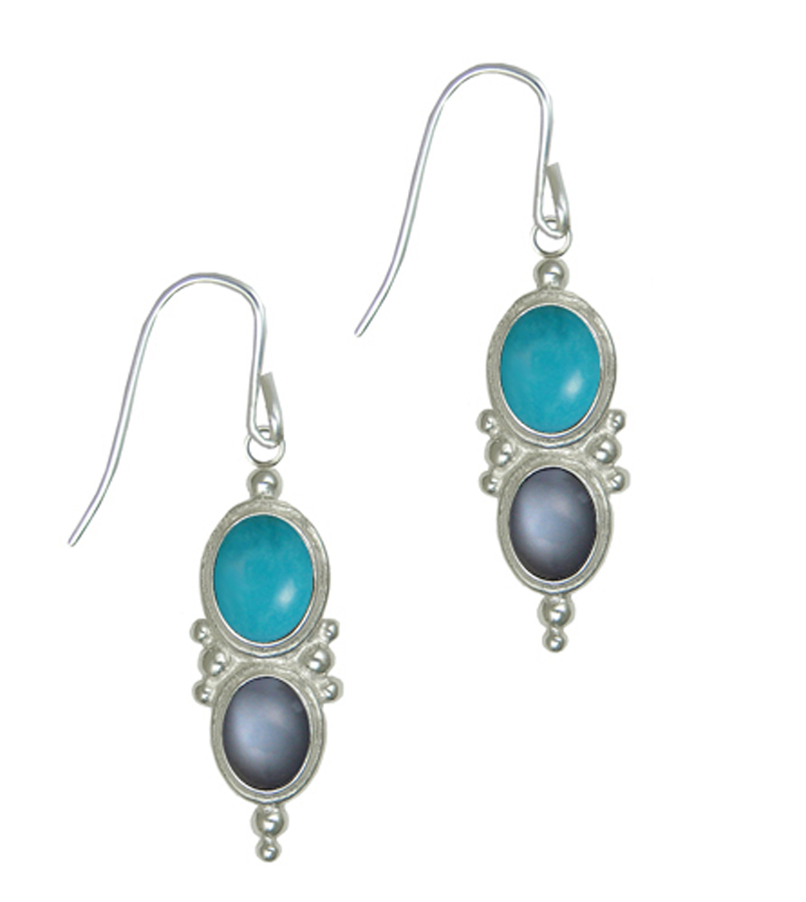 Sterling Silver Drop Dangle Earrings With Turquoise And Grey Moonstone